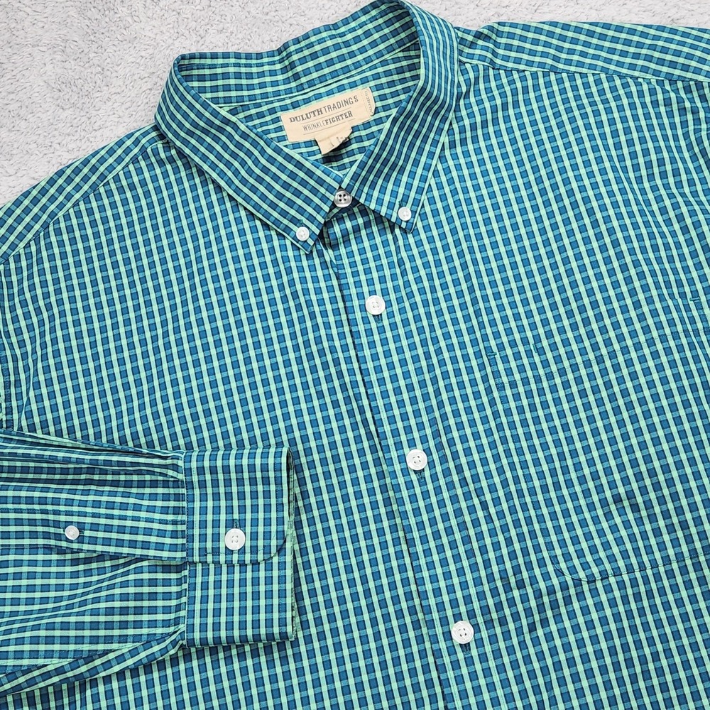 Duluth Trading WrinkleFighter Shirt Mens 2XL Green Check Relaxed Fit Button Down